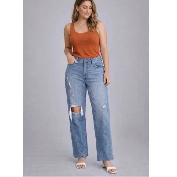 Abercrombie & Fitch Curve Love High Rise Dad Jeans Medium Ripped Wash Size 30L - Picture 1 of 12